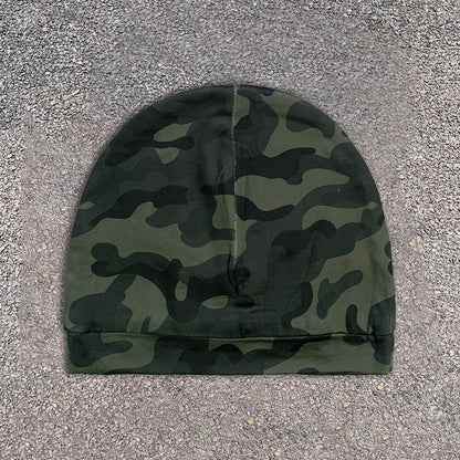 Dark Alt Fashion Camo Beanie Unisex with Neon Green Embroidery for Streetwear and Couple Outfit