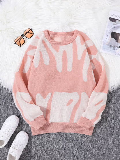 New Popular Autumn Winter Irregular Jacquard Pattern Pullover Sweater Casual round Neck Contrast Color Knitted Men'S Pullover