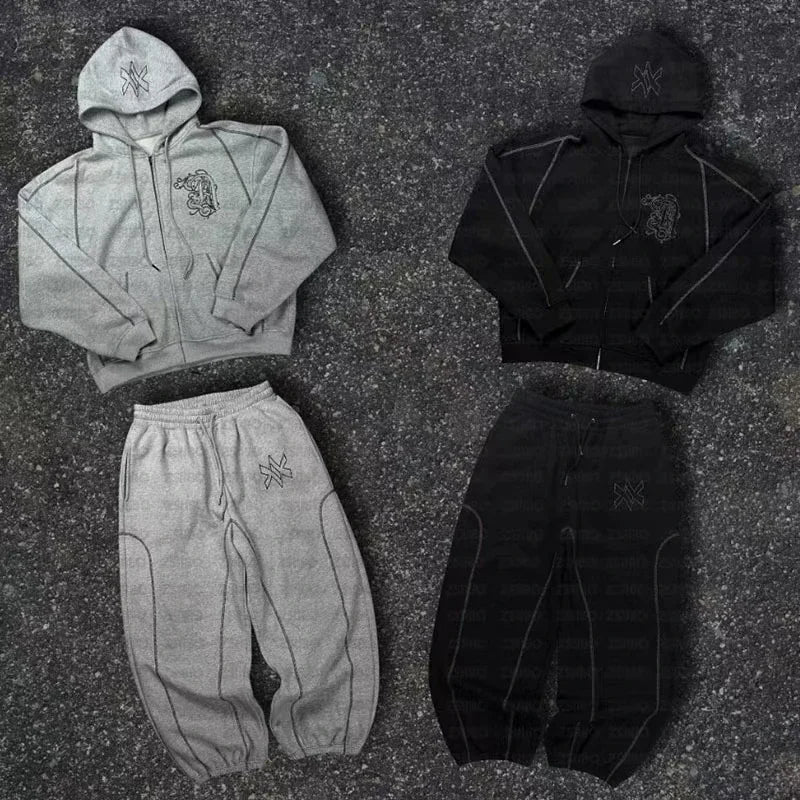 American Y2K Casual Zipper Hoodie Sweatpant Two Piece Set Hiphop Oversized Embroidery Sweatshirts Men Women Casual Pants