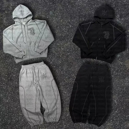 American Y2K Casual Zipper Hoodie Sweatpant Two Piece Set Hiphop Oversized Embroidery Sweatshirts Men Women Casual Pants