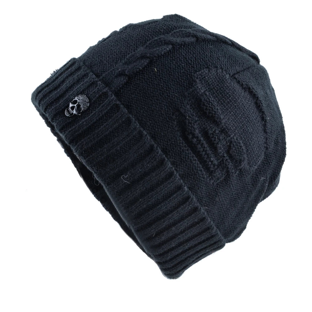 Winter Beanies Men Knitted Skull Pattern Solid Color Hat with Metal Skulls Skullies Beanies Men'S Knit Thick Hats Add Velvet