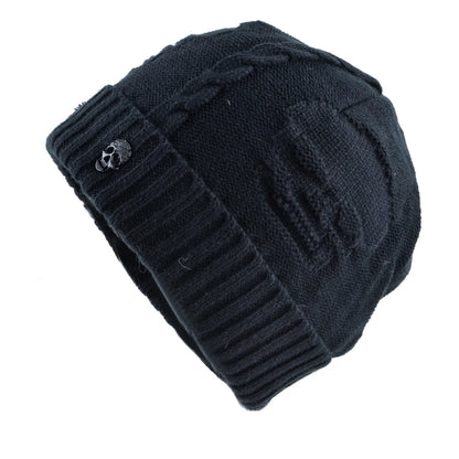 Winter Beanies Men Knitted Skull Pattern Solid Color Hat with Metal Skulls Skullies Beanies Men'S Knit Thick Hats Add Velvet