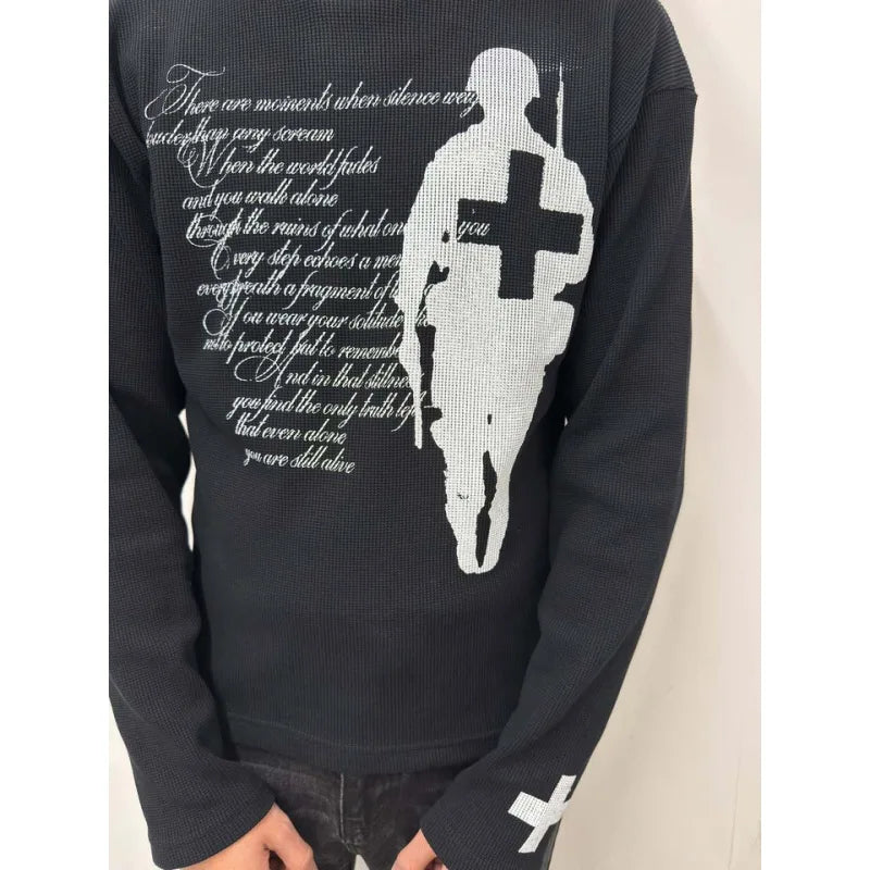 2026 New Arrival Women Y2K Black Soldier & Cross Print Long Sleeve Tee Waffle Knit Oversized Top